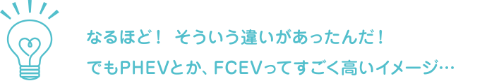 なるほど！ そういう違いがあったんだ！でもPHEVとか、FCEVってすごく高いイメージ…